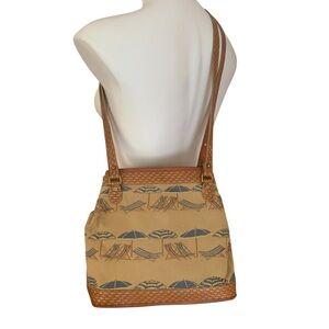 Brahmin Vintage Woven Leather Canvas Beach Scene Shoulder Bag